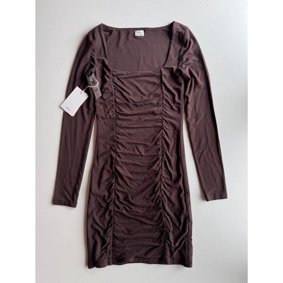 NWT Aritzia WILFRED Lydia Mocha Brown Jersey Ruched Front Mini Dress, Size X - Picture 5 of 16